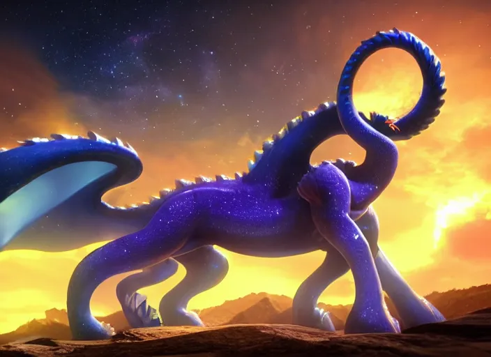 Image similar to aurelion sol dragon in the cosmos staring at the viewer, ultra realistic 4 k unreal engine render with ray tracing bloom ambient occlusion