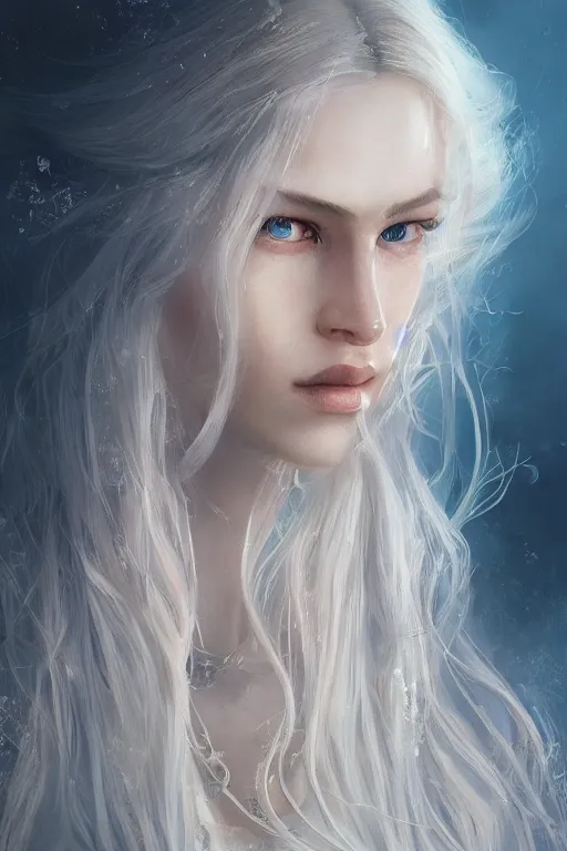 Image similar to a fancy portrait of a beautiful young woman with long white hair and blue eyes by greg rutkowski, sung choi, mitchell mohrhauser, maciej kuciara, johnson ting, maxim verehin, peter konig, bloodborne, 8 k photorealistic, cinematic lighting, hd, high details, dramatic, dark atmosphere, trending on artstation