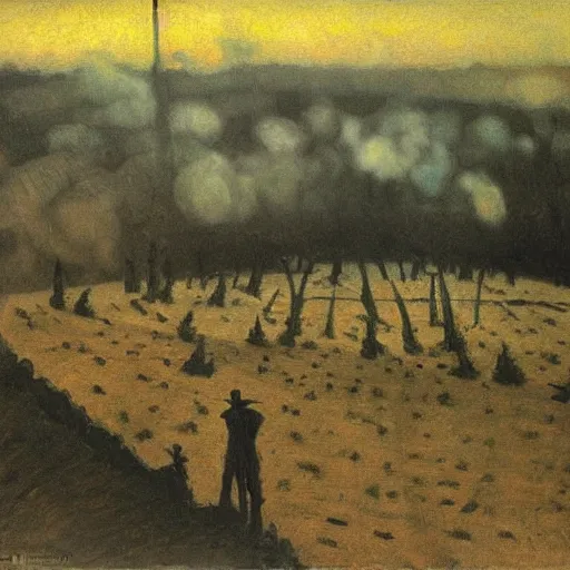 Prompt: frontline near verdun, 1 9 1 6, twilight, by c. r. w. nevinson