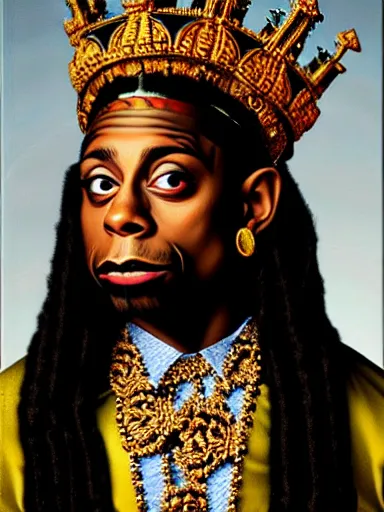 Image similar to lil wayne, wearing a crown : : painted by kehinde wiley : : baroque, hyperreal, digital painting