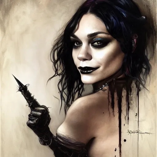 Image similar to beautiful portrait of vanessa hudgens as death from sandman, smiling, by cedric peyravernay, alphonse mucha, by jeremy mann, by lecouffe deharme, goth chic, soft lightning, eyeliner, punk rock, high detailed, 8 k