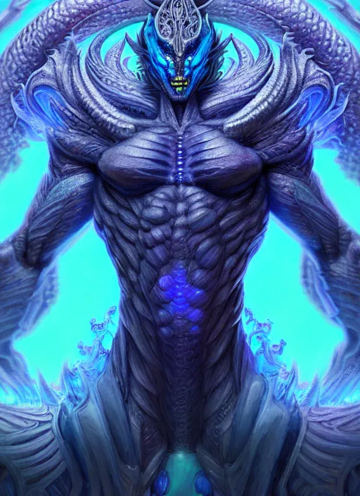 Image similar to muscular and tall blue ghostly fire humanoid dragon!!!! draconian!! intricate ornate iridescent exoesqueleton!! character concept art, sharp focus, octane render! unreal engine 5! highly rendered!! trending on artstation!! detailed linework!! illustration by artgerm, wlop, and chie yoshii