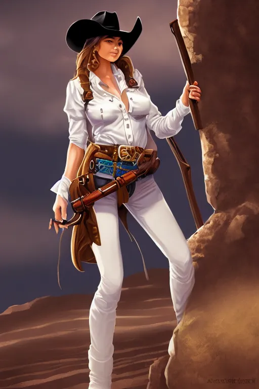 Image similar to full body, female cowgirl, perfect face, white blouse, long rifle, 8 k, magic the gathering, desert, d & d, artstation