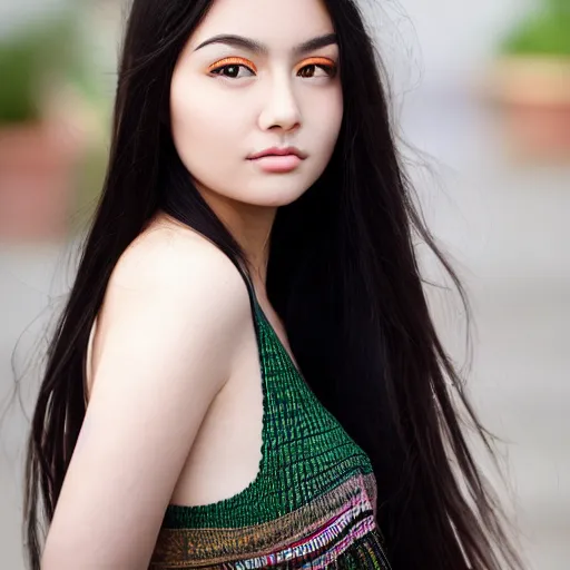 Image similar to Beautiful young Eurasian female face, long black hair, green eyes, photorealistic,8k, XF IQ4, 150MP, 50mm, F1.4, ISO 200, 1/160s, natural light