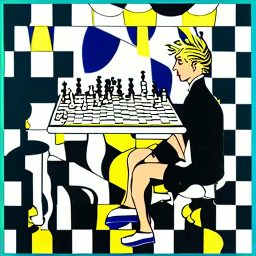 Prompt: Roy Lichtenstein blond plying chess