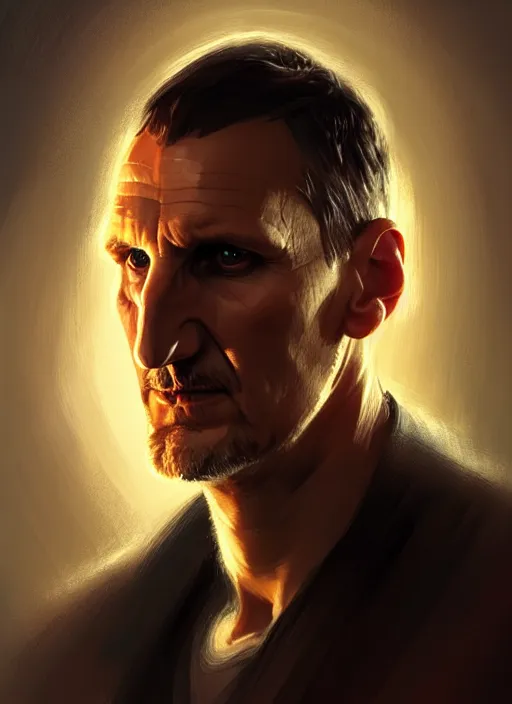 Image similar to stylized portrait of christopher eccleston, intricate, elegant, glowing lights, highly detailed, digital painting, artstation, concept art, smooth, sharp focus, illustration, art by wlop, mars ravelo and greg rutkowski