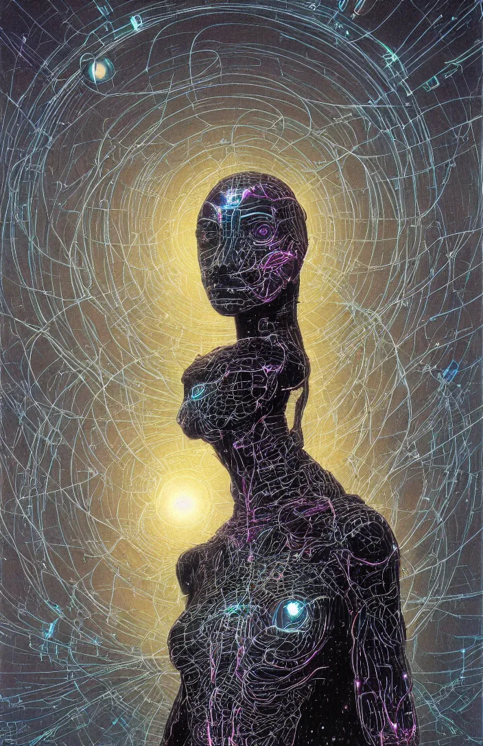 Image similar to an cybernetic goddess, contemplating existence, beyond the known universe, fine art, bokeh, omnidimensional, ocd, electroluminescent wire by wayne barlowe