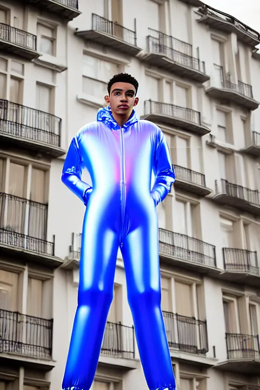 Image similar to un ultra high definition studio quality photographic art portrait of a young man standing on the rooftop of a british apartment building wearing soft baggy inflatable padded iridescent pearlescent jumpsuit. three point light. extremely detailed. golden ratio, ray tracing, volumetric light, shallow depth of field. set dressed.