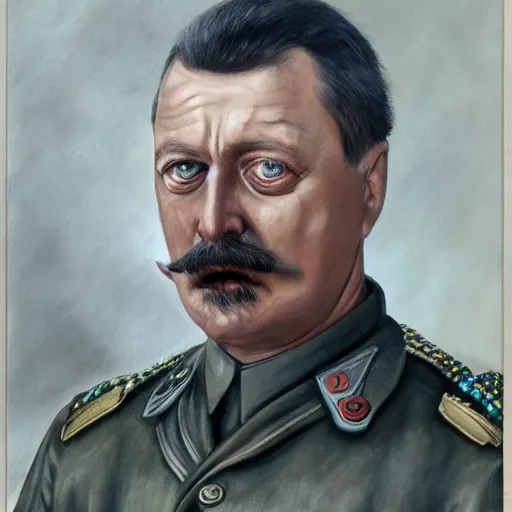 Image similar to Portrait of Igor Ivanovich Strelkov while he is calling for total war mobilization, photo-realistic, color image, 2K, highly detailed, by H.R.Giger