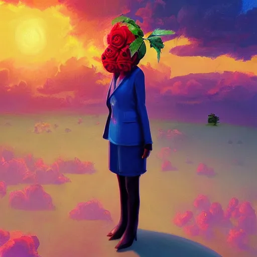 Image similar to closeup, giant rose flower as a head, frontal, girl in a suit, surreal photography, sunrise, blue sky, dramatic light, impressionist painting, digital painting, artstation, simon stalenhag