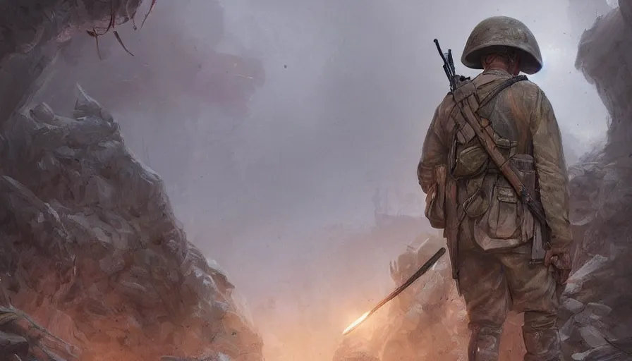 Prompt: beautiful digital painting of a lone survivor, one soldier after his squad killed in action in a trench waiting for the war to end. cinematic lighting and rendering, atmospheric, concept art, high detailed faces, artstation by artgerm and greg rutkowski,,