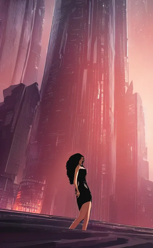 Prompt: a beautiful Black woman wearing a cocktail dress, with long hair, in a futuristic blade runner city, illustration art by Sam Yang, 8K