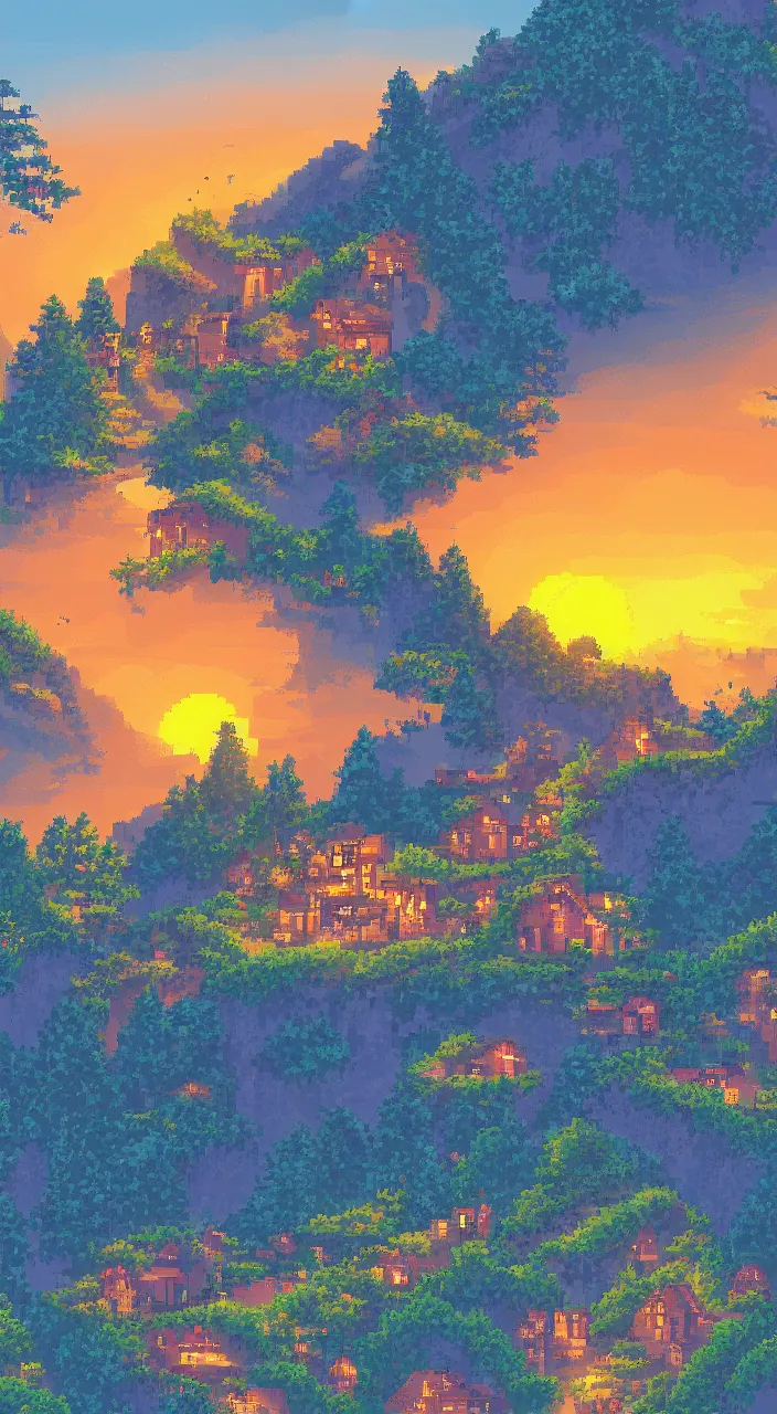 Image similar to a dreamy sunset in the mountain with houses in pixelart style, highly detailed, illustration