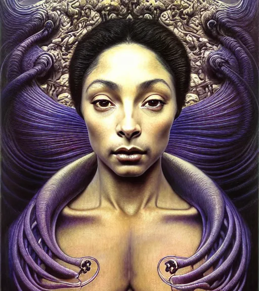 Prompt: detailed realistic beautiful young sade adu face portrait by jean delville, gustave dore and marco mazzoni, art nouveau, symbolist, visionary, baroque, intricate biomechanical fractal. horizontal symmetry by zdzisław beksinski, iris van herpen, raymond swanland and alphonse mucha. highly detailed, hyper - real, beautiful