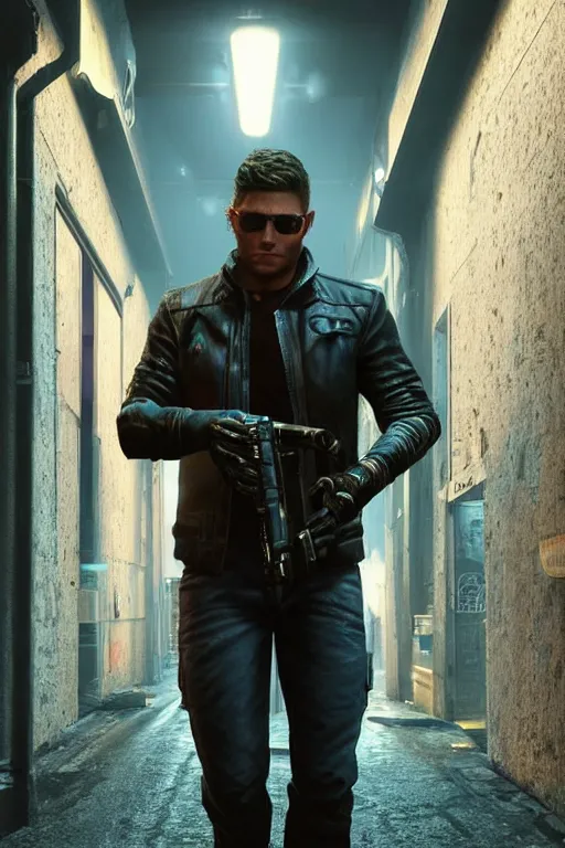 Image similar to a detailed full bodied 3 d render of an extremely handsome jensen ackles as time traveler walking down a dark alley in cyberpunk 2 0 7 7, holding a milkor mgl grenade launcher, aetherpunk, volumetric lighting, octane render, 8 k, art by greg rutkowski and albert bierstadt and alphones mucha