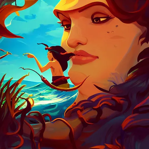 Image similar to painting mermaid treasure on sea of thieves game avatar hero smooth face median photoshop filter cutout vector, behance hd by jesper ejsing, by rhads, makoto shinkai and lois van baarle, ilya kuvshinov, rossdraws global illumination