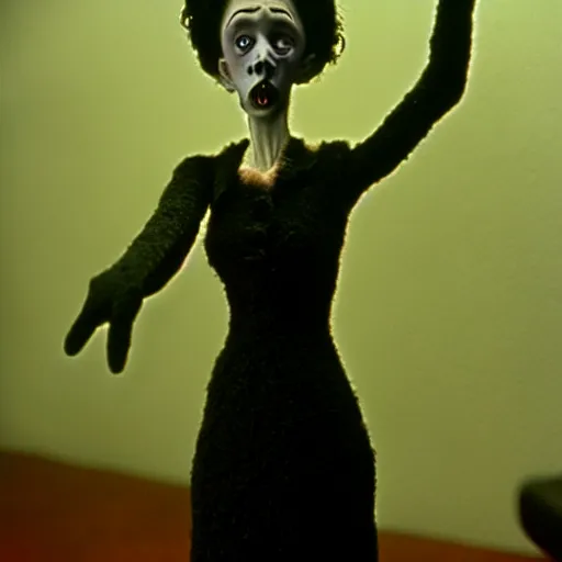 Prompt: claymation jacinda arden, fully - clothed, by jan svankmajer, hyperrealistic, very detailed, tim burton, 3 5 mm film still, gothic, horror, eldritch