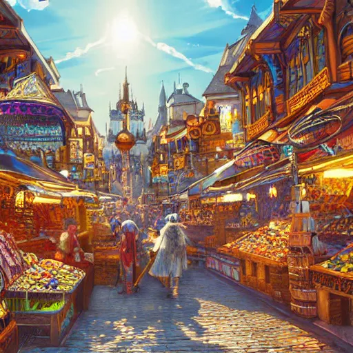 Image similar to bright fantasy medieval city, blue sky, busy market street, highly detailed and intricate 8 k concept art fantasy illustration