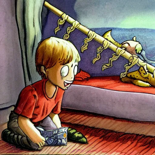 Prompt: a boy finds a small monster under his bed in the style of sven nordqvist