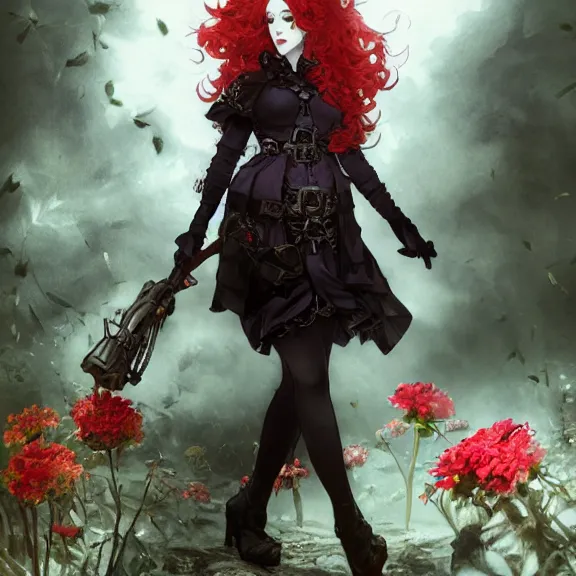 Image similar to goth christina hendricks with flowers in her hand, tankoban, 4 k, tone mapping, akihiko yoshida, james jean andrei riabovitchev marc simonetti, yoshitaka amano, long hair, curly, h. hydrochaeri