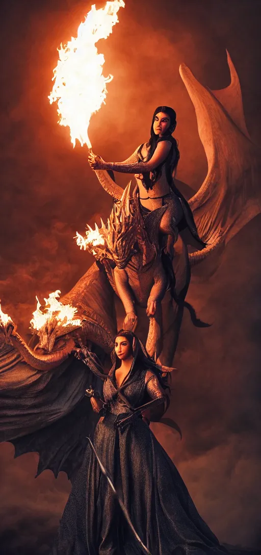 Image similar to full-body photograph of Kim Kardashian as Daenerys Targaryen riding a dragon blowing a flame, dracarus, majestic lighting, XF IQ4, 150MP, 50mm, F1.4, ISO 200, 1/160s, natural light