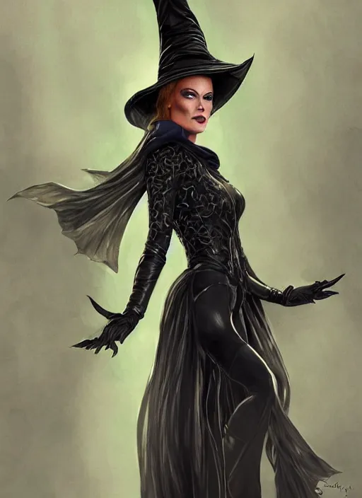 Image similar to beautiful female witch, rebecca romijn as wicked witch of the west, full body character concept, covered in full leather armor, art nouveau, super powers, fantasy, intricate, elegant, highly detailed, digital painting, artstation, concept art, shining, sharp focus, illustration, art by stanley lau