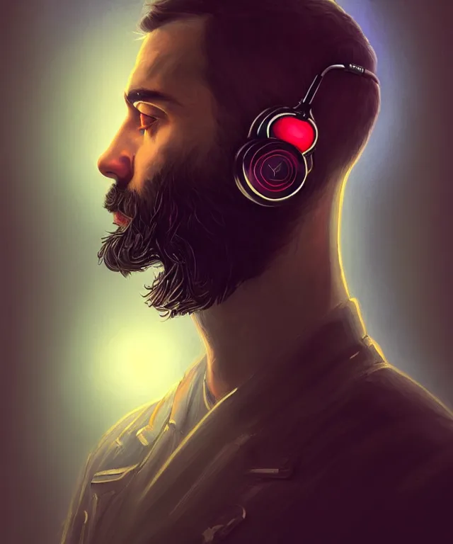 Prompt: Portrait of a male DJ, western european origin, side or front profile, sci-fi, dark eyes, face, shaved head, beard, Headphones, fantasy, LSD Dream Emulator, intricate, rugged, backlit, highly detailed, digital painting, artstation, concept art, smooth, sharp focus, illustration, art by artgerm and greg rutkowski and alphonse mucha