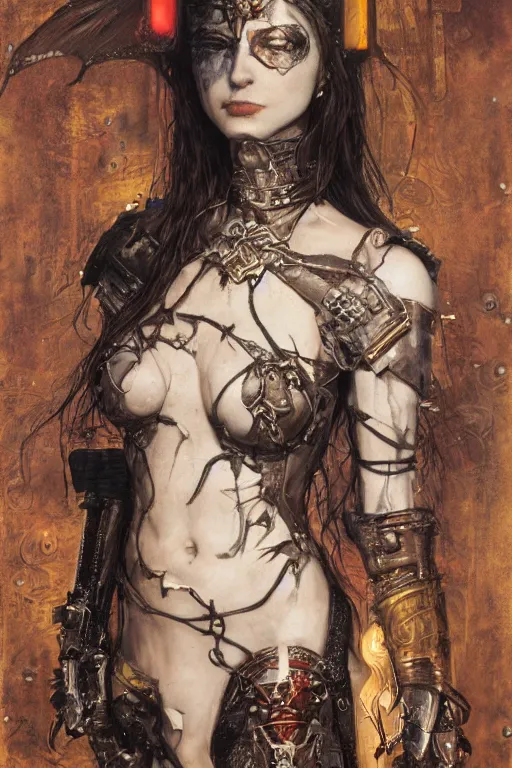 Prompt: portrait of beautiful young gothic maiden, cyberpunk armor, a lot of scars, warhammer, highly detailed, artstation, illustration, art by gustav klimt