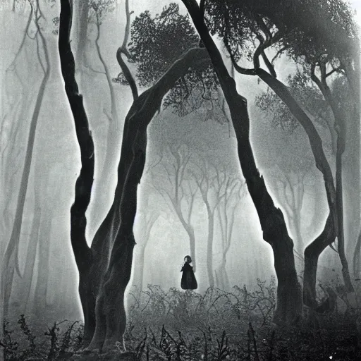 Image similar to an ancient evil-girl on a mysterious fractal forest, mist, 1910 photography, Black and white