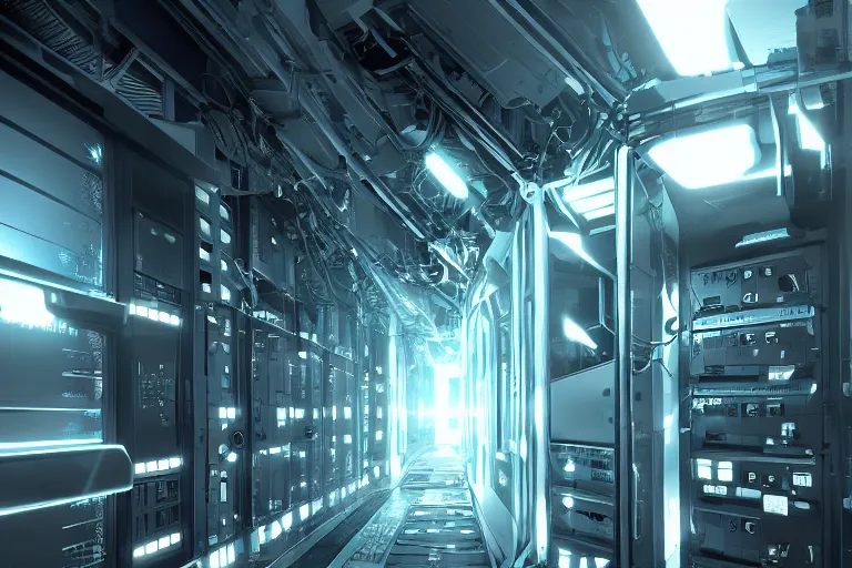 Image similar to parallax datacenter server room single mono colossus white rusty android robosaurus guard in artstation cinematic detailed concept art volumetric light sharp coherent cgsociety symmetric perfect server equipment