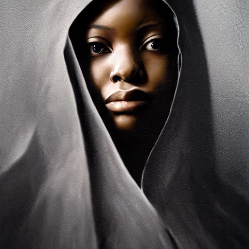 Image similar to a portrait of a young black woman wearing a long dark cloak, hood and shadows covering face, anatomically correct, beautiful perfect face, enigmatic, oil painting, matte painting, black background, Volumetric dynamic lighting, Highly Detailed, Cinematic Lighting, Unreal Engine, 8k, HD, by Beksinski