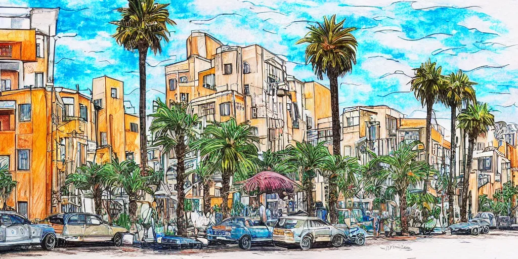 Prompt: painting of rounded bauhaus style balconies in a junction in dizingof center in tel aviv. highly detailed. pen drawing painted with watercolors. colorful. low buildings. palm trees. super realistic. fluffy