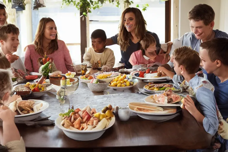 Image similar to an image of a large traditional family sitting around the table for dinner but one of the kids is floating above the table, perfect faces