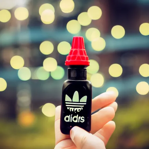 Prompt: photo of lego figure in black Adidas spotwear, holding a bottle, bokeh