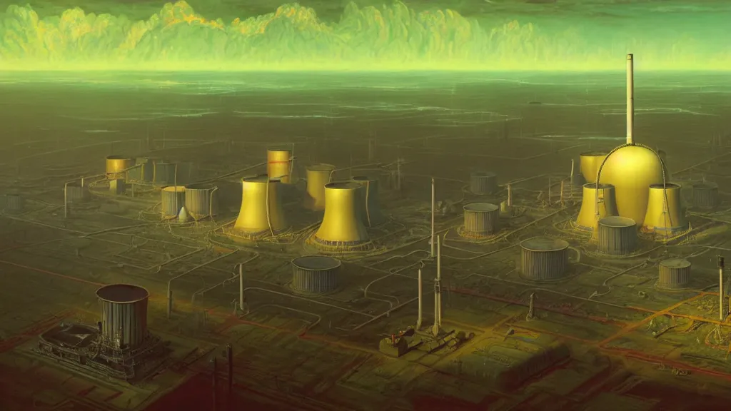 Prompt: A nuclear power plant in utopia by Simon Stålenhag and J.M.W. Turner, oil on canvas; Nuclear Fallout, Art Direction by Adam Adamowicz; 4K, 8K Ultra-Realistic Depth Shading; Epic 4k dream drone shots