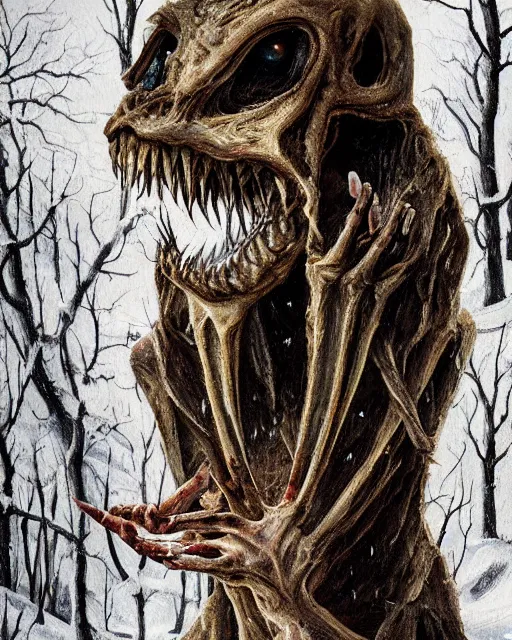 Image similar to Horrifying detailed painting of a pale, emaciated humanoid creature. It has sharp teeth and claws with pale milky eyes; snow, woods, blood; dark cinematic lighting, hyper detailed, moody