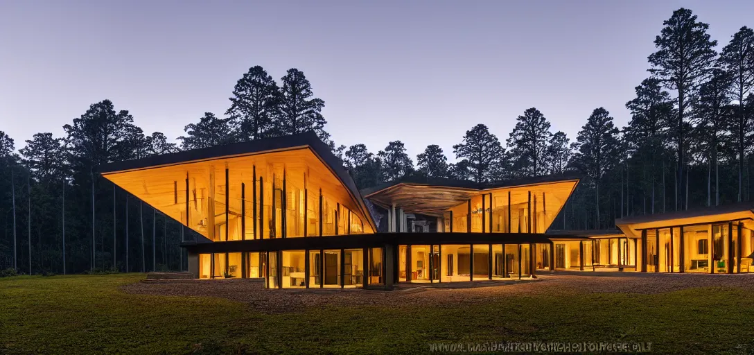 Prompt: faceted roof planes lift and descend creating shade and architectural expression, house, highly detailed, situated in the forest, next to a highly reflective lake, at dusk, vivid color, 4 k photography, mist, architecture luxury