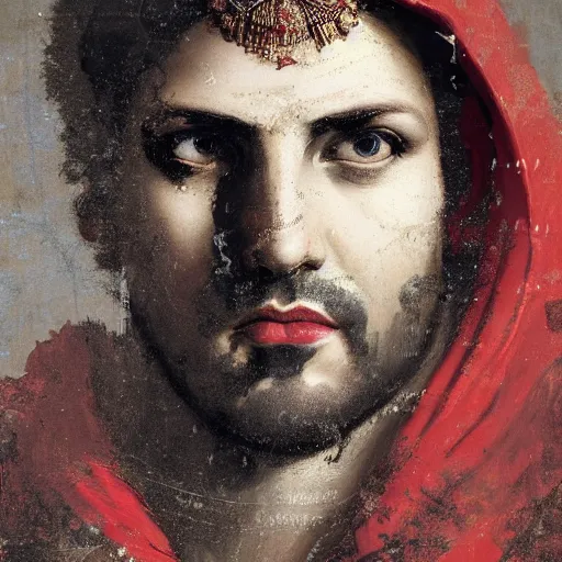 Prompt: detailed portrait of emperor nero, old roman style, non - reflective red cloak, decorated with traditional roman ornaments by ismail inceoglu dragan bibin hans thoma greg rutkowski alexandros pyromallis nekro rene maritte illustrated, perfect face, fine details, realistic shaded, fine - face, pretty face