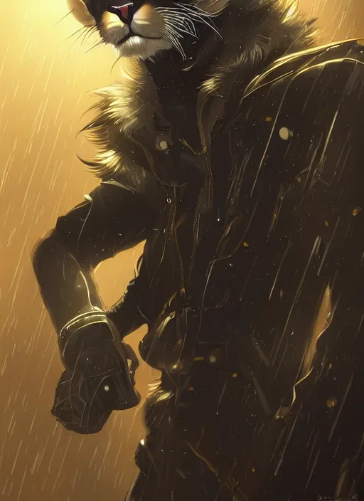 Prompt: award winning beautiful portrait commission of a male furry anthro mountain lion fursona with a tail and a cute beautiful attractive detailed furry face wearing stylish black and gold cyberpunk clothes in a cyberpunk city at night while it rains. Character design by charlie bowater, ross tran, artgerm, and makoto shinkai, detailed, inked, western comic book art