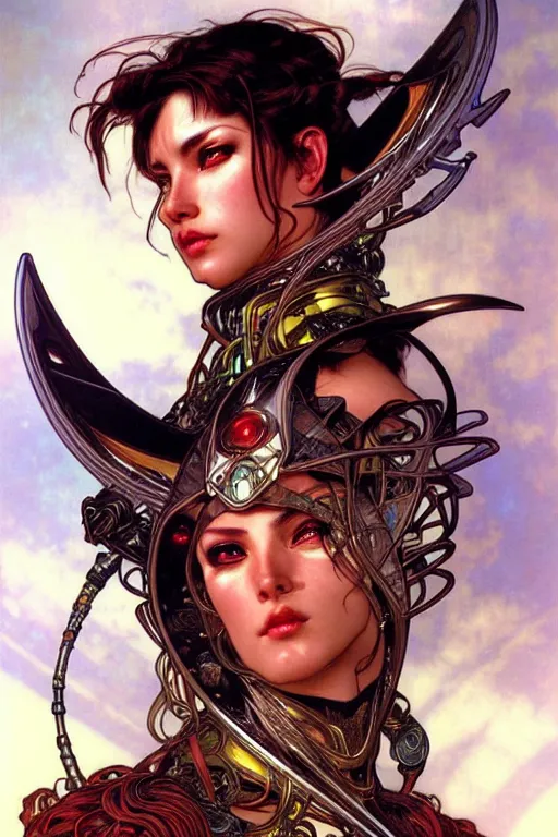 Prompt: realistic detailed facial portrait of a handsome futuristic amazon chief by ayami kojima, amano, greg hildebrandt, alphonse mucha, and mark brooks, female, agile, feminine, sexy, art nouveau, cyberpunk, neo - gothic, gothic, character concept design,