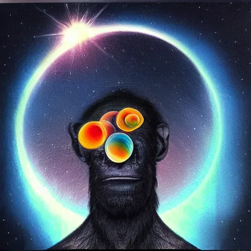 Image similar to pencil art, realistic self portrait, astronaut with a chimpanzee, psychedelic, solar eclipse.