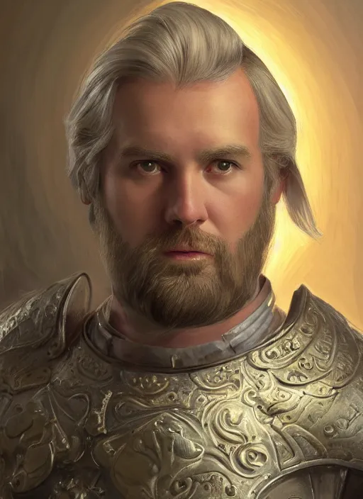 Prompt: a portrait of a fantasy beardless plump cleric with no beard, short blonde hair comb over hairstyle, young adult, short in stature, silver breastplate with religious engravings, clean shaven, serious expression, style by donato giancola, wayne reynolds, jeff easley dramatic light, high detail, cinematic lighting, artstation, dungeons and dragons