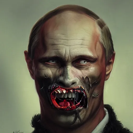 Prompt: a portrait of a putin as a zombie with its mouth and eyes sewn shut, full body, leather, hairy, d & d, fantasy, intricate, elegant, highly detailed, digital painting, artstation, concept art, smooth, sharp focus, illustration, art by artgerm and greg rutkowski and alphonse mucha