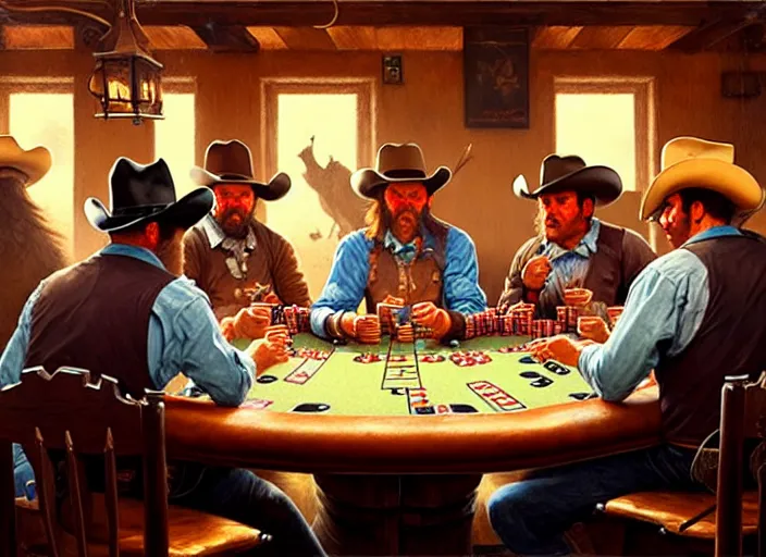 Image similar to cowboys playing poker in a saloon, by Mandy Jurgens, trending on artstation, Richard Schmid and norman rockwell