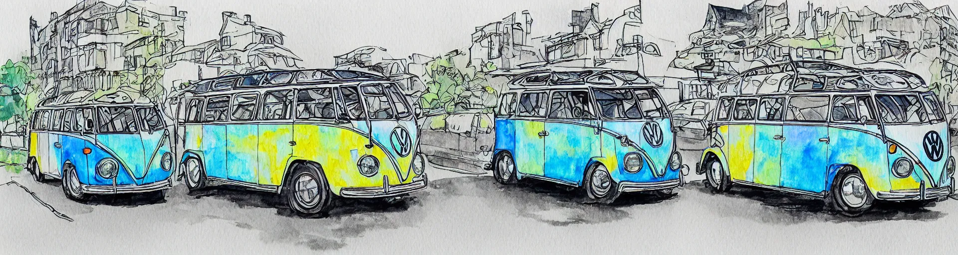 Prompt: vw bus, vw beetle, on a street, centered award winning watercolor pen illustration