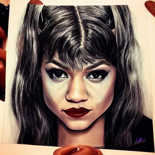 Prompt: “Zendaya, beautiful, like Harley Quinn, highly detailed, photorealistic portrait”