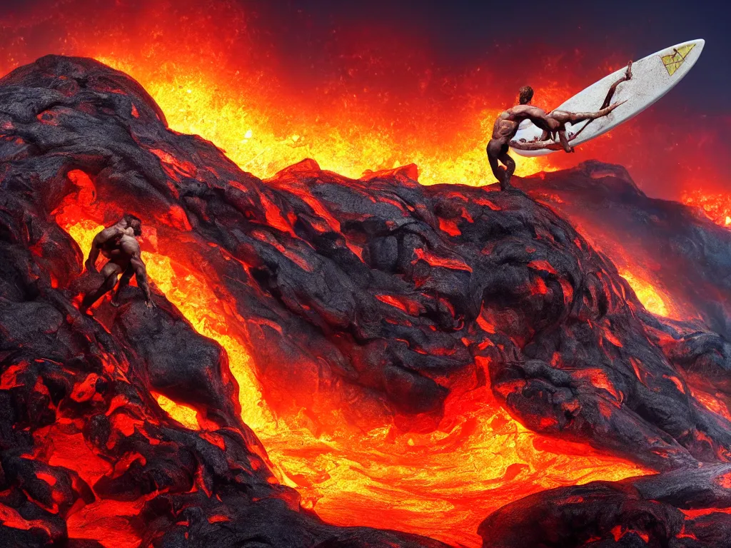 Prompt: muscular arnold schwarzenegger surfing on lava from an erupting volcano, stunning scene, 8 k, extremely detailed digital painting, depth, bright colors, trending on artstation