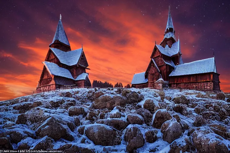 Prompt: Heddal Stave Church in Norway at sunset, surrounded by many little glowing orbs floating around. Photo-realistic UHDR, hyperrealism, luminescence, very detailed, cinematic, DoP.