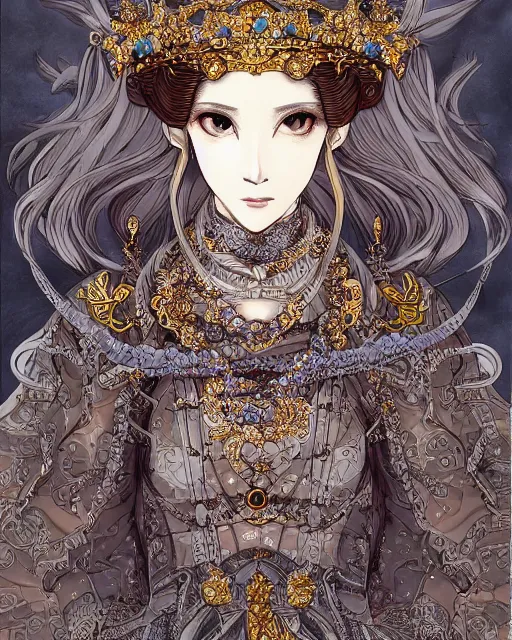 Image similar to portrait of a queen, elegant, beautiful, mesmerizing, concept art, fancy clothing, highly detailed, inspired by otoyomegatari manga, artstation, behance, deviantart, trending, ayami kojima, shinichi sakamoto, kaoru mori