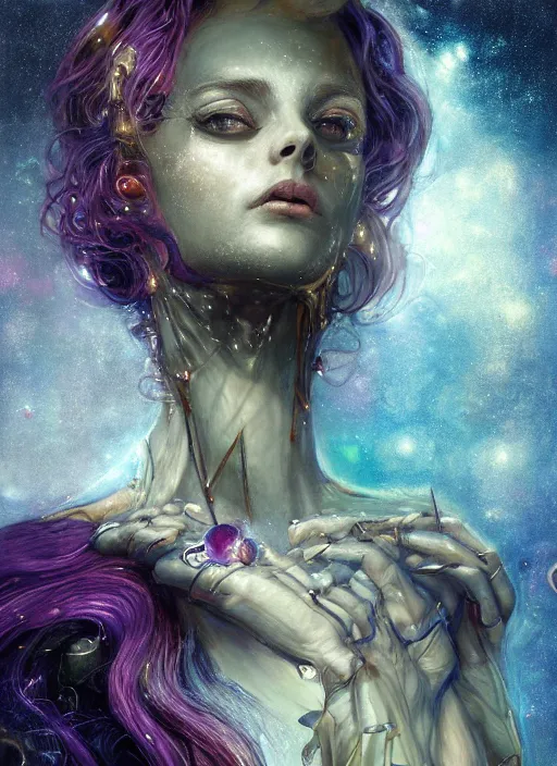 Prompt: epic portrait of menacing, agitated, anxious, crying yet stunningly beautiful, cute, radiant biomechanical djinn overseeing the iridescent fabric of the universe, by charlie bowater, mandy jurgens, gustav klimt, octane render, dramatic camera angle, 4k, 8k, high detail, HDR, by tom bagshaw, powerful, with inspiration from Beksinski, inspired by greek goddess Athena, inspired by hindu goddess Kali